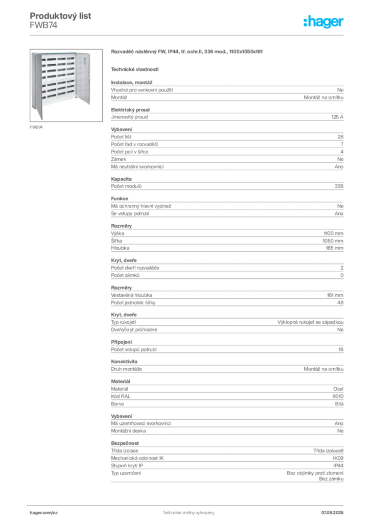 Obrázek Hager Produktový list FWB74 | Hager