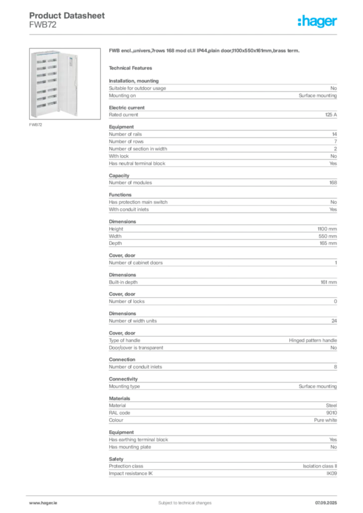 Image Hager Product data sheet FWB72  | Hager