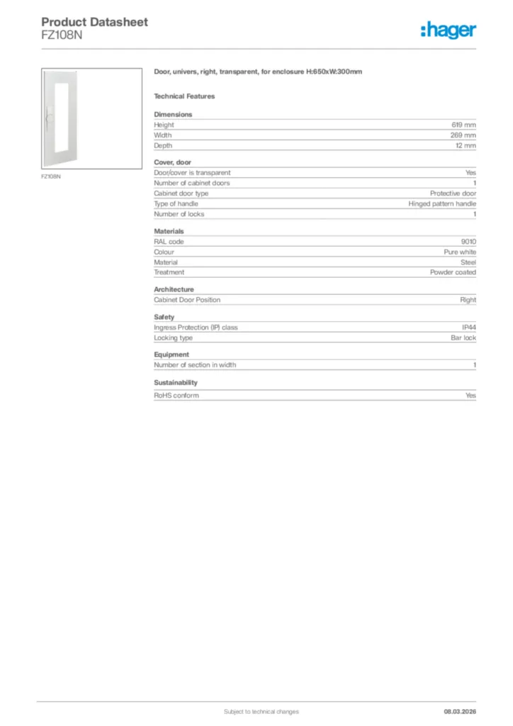Image Hager Product data sheet FZ108N  | Hager Africa