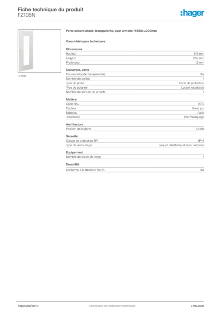 Image Hager Fiche technique du produit FZ108N | Hager Afrique