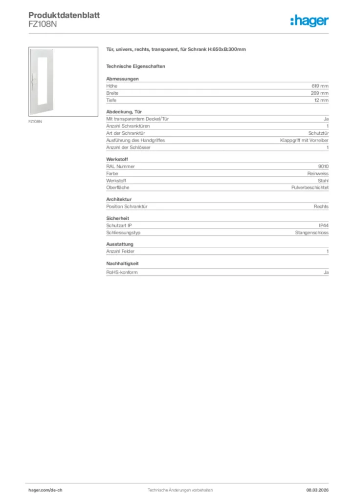 Bild Hager Produktdatenblatt FZ108N | Hager Schweiz