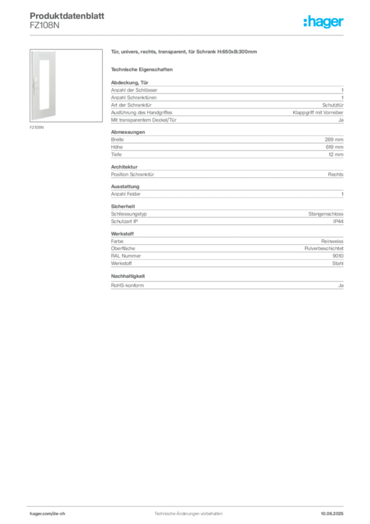 Bild Hager Produktdatenblatt FZ108N | Hager Schweiz