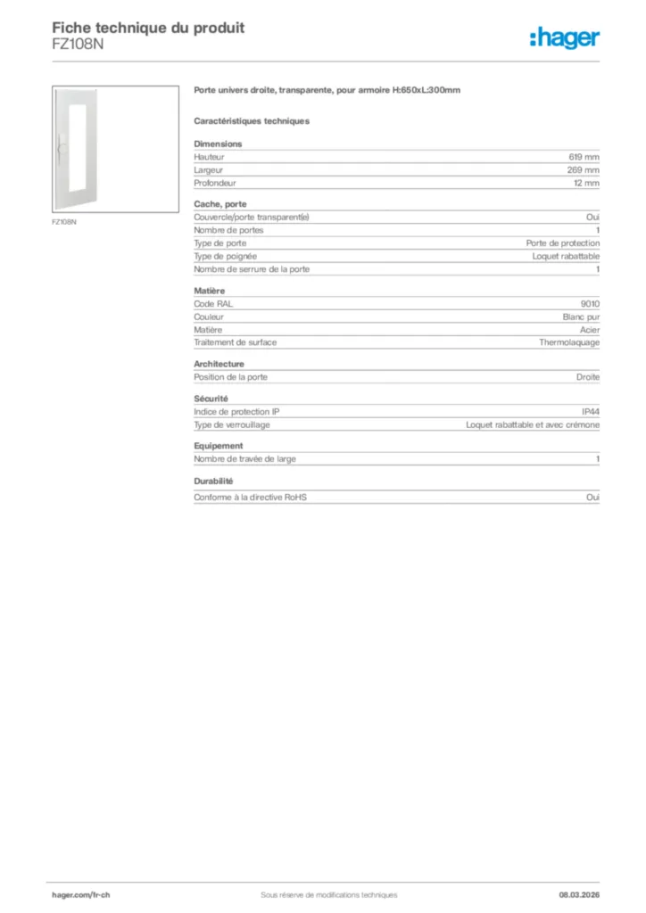Image Hager Fiche technique du produit FZ108N | Hager Suisse