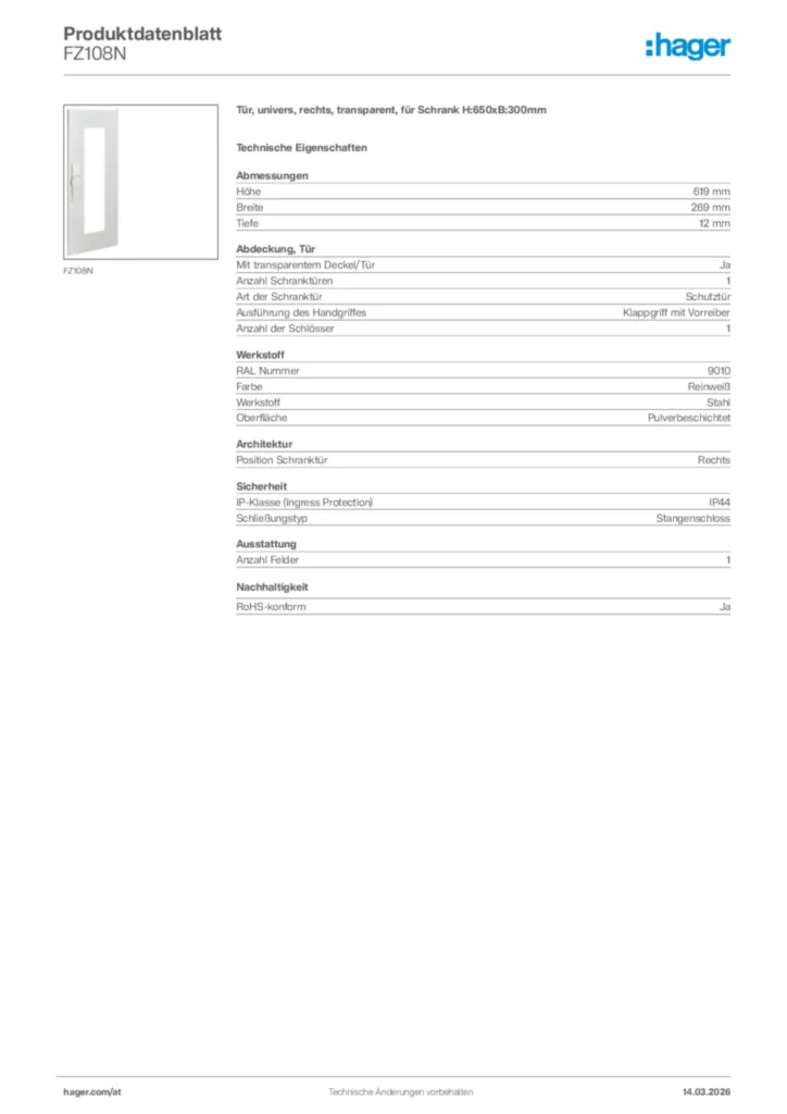 Bild Hager Produktdatenblatt FZ108N | Hager Deutschland