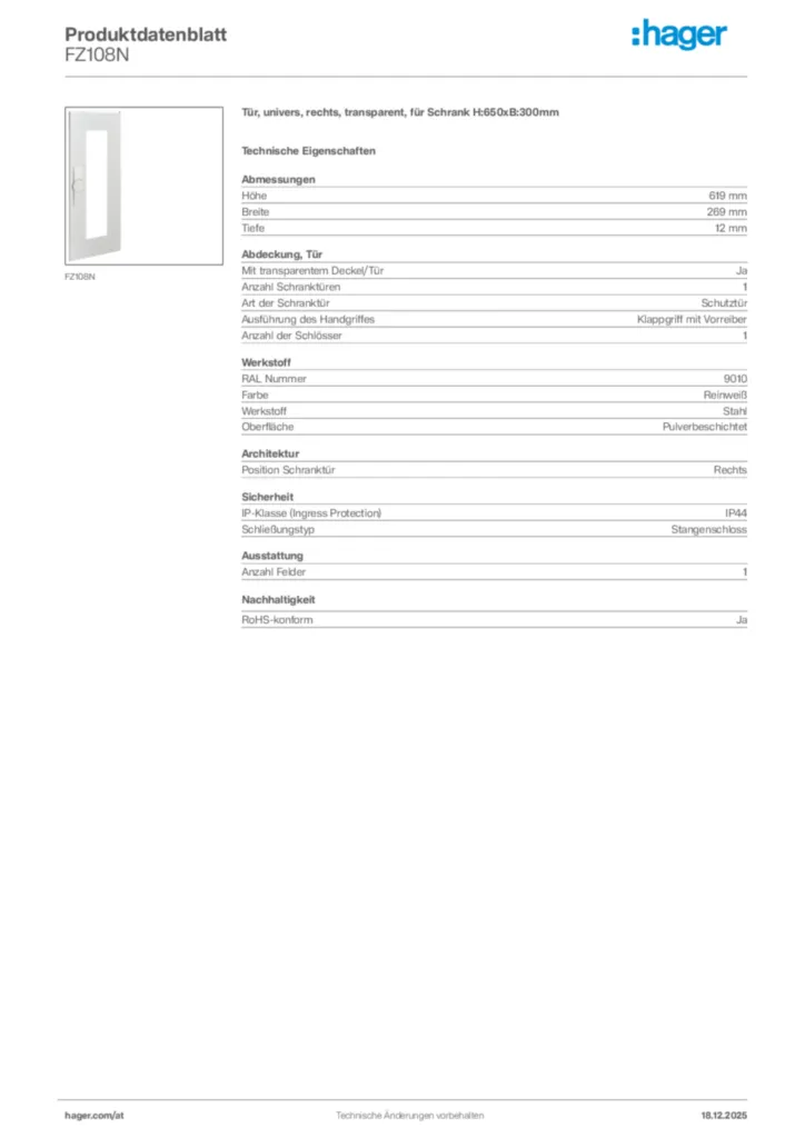 Bild Hager Produktdatenblatt FZ108N | Hager Deutschland