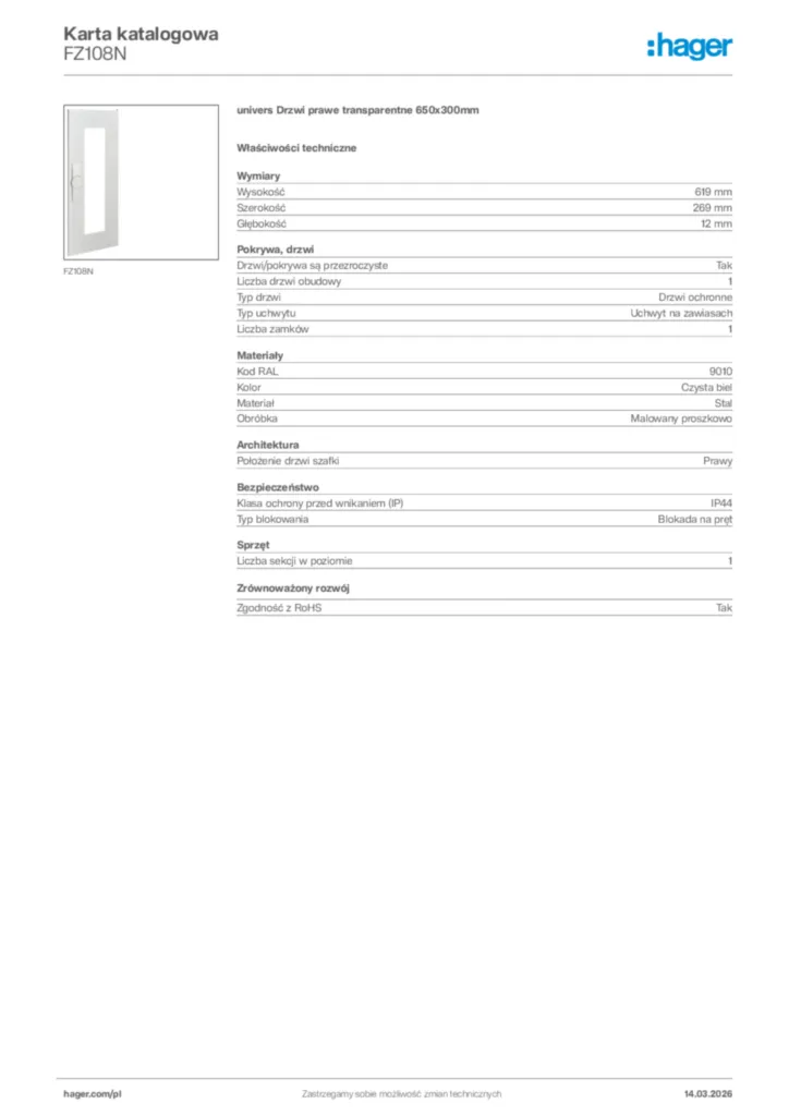 Zdjęcie Hager Karta katalogowa FZ108N | Hager Polska