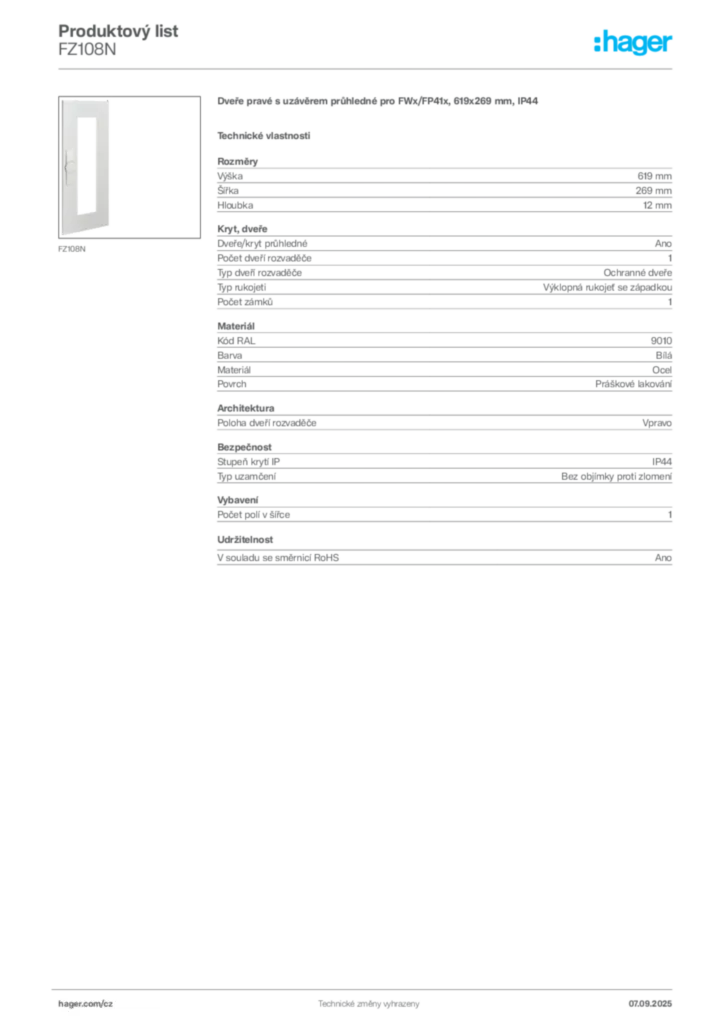 Obrázek Hager Produktový list FZ108N | Hager