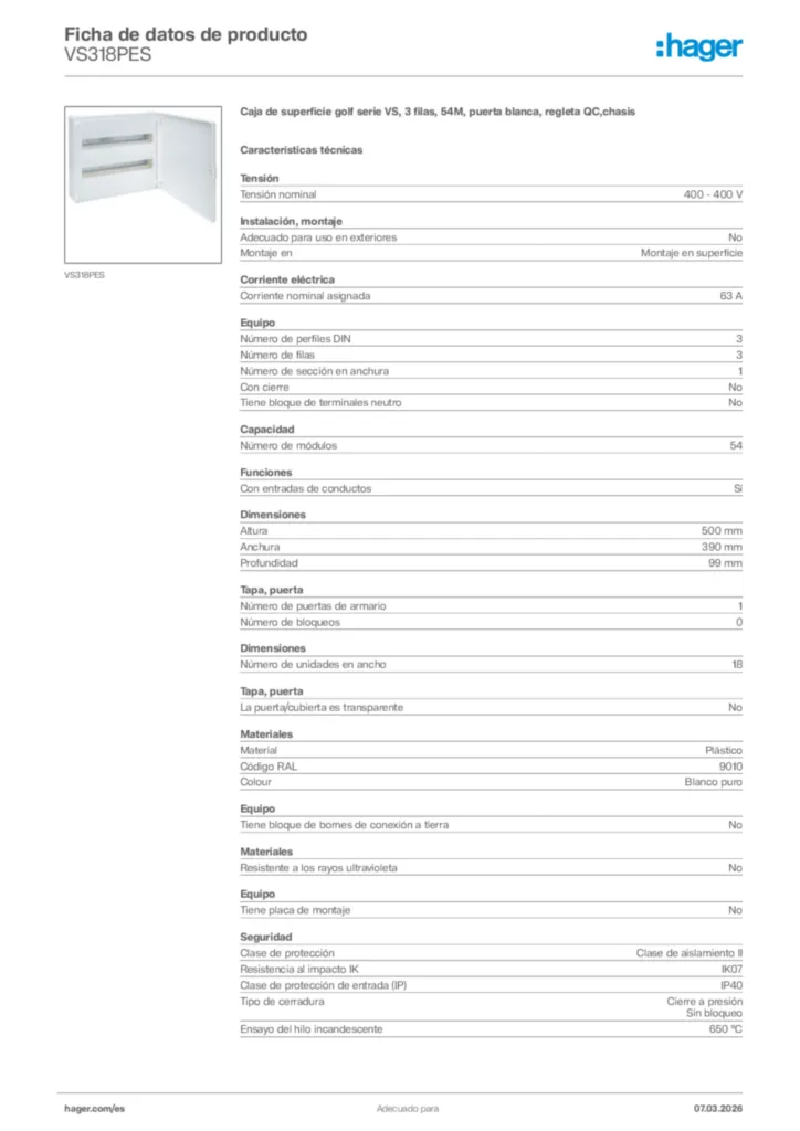 Imagen Hager Ficha de datos de producto VS318PES | Hager España