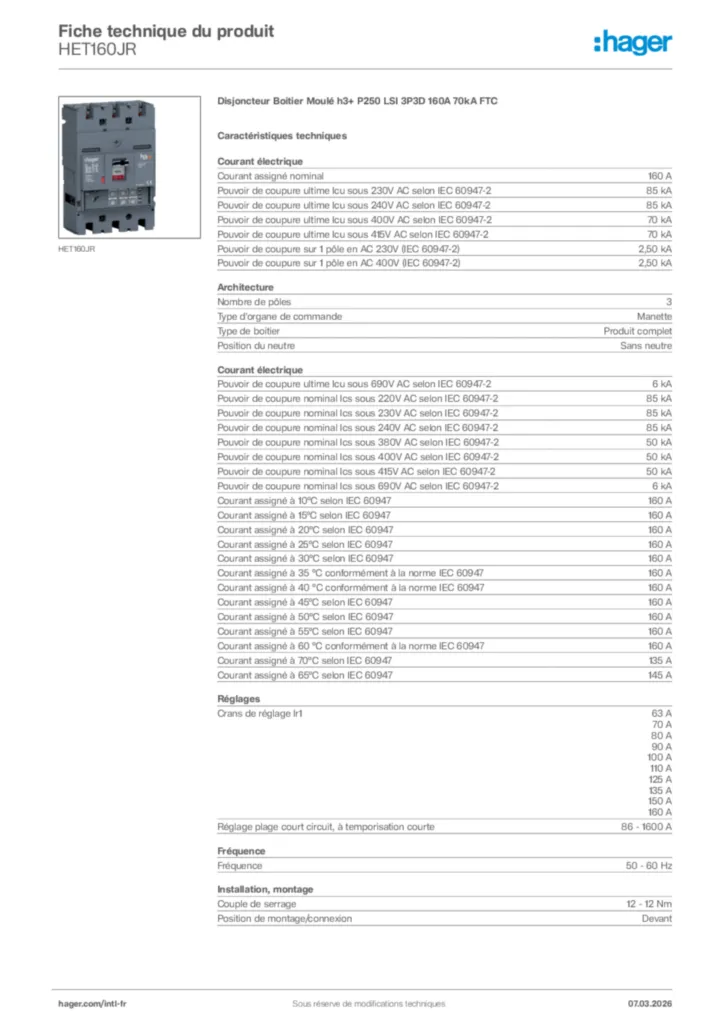 Image Hager Fiche technique du produit HET160JR | Hager Afrique