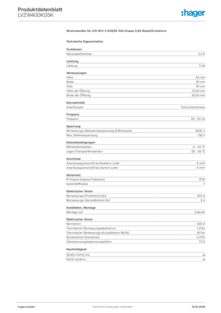 Bild Hager Produktdatenblatt LVZW400K05K | Hager Deutschland