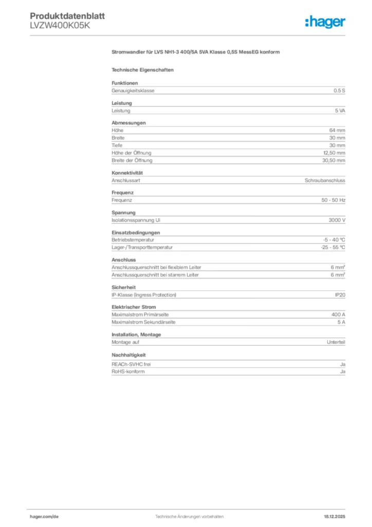 Bild Hager Produktdatenblatt LVZW400K05K | Hager Deutschland