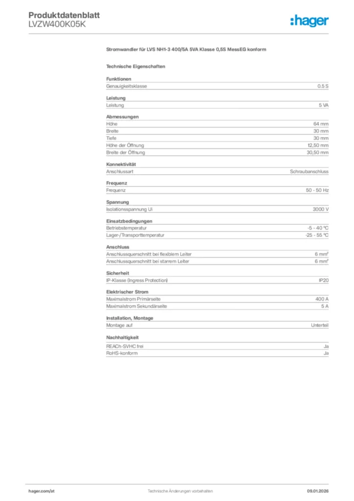 Bild Hager Produktdatenblatt LVZW400K05K | Hager Deutschland