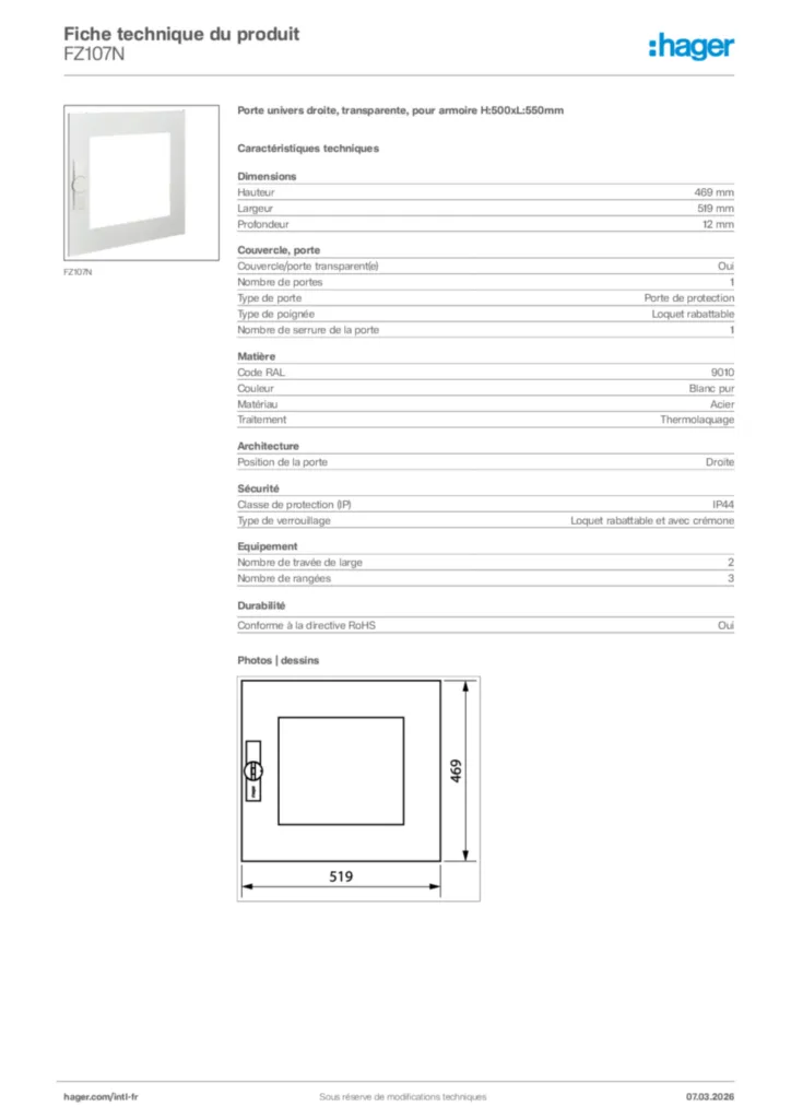 Image Hager Fiche technique du produit FZ107N | Hager Afrique