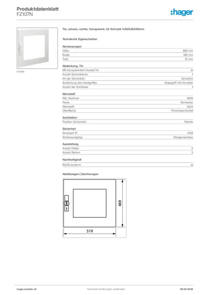 Bild Hager Produktdatenblatt FZ107N | Hager Schweiz