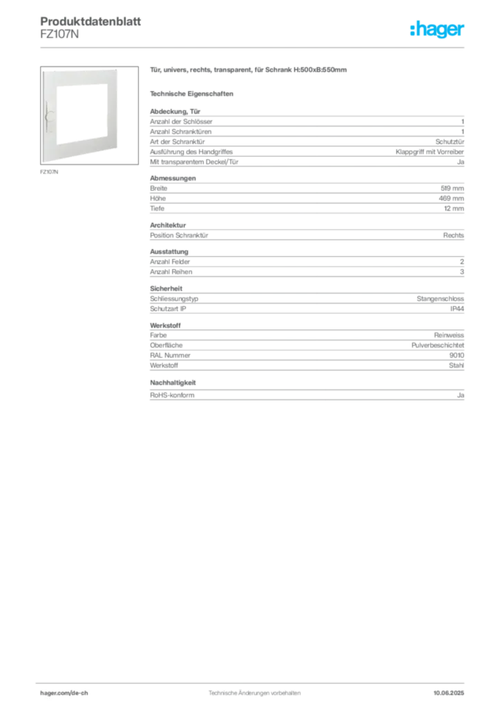 Bild Hager Produktdatenblatt FZ107N | Hager Schweiz