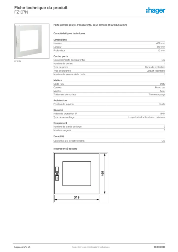 Image Hager Fiche technique du produit FZ107N | Hager Suisse