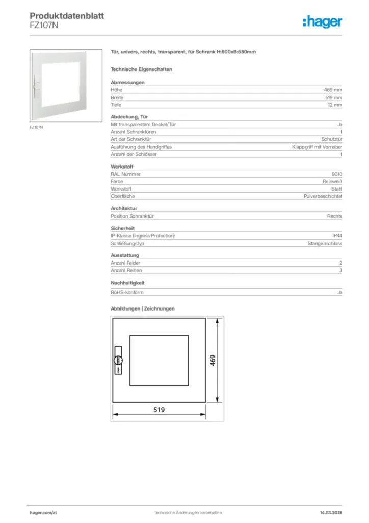 Bild Hager Produktdatenblatt FZ107N | Hager Deutschland