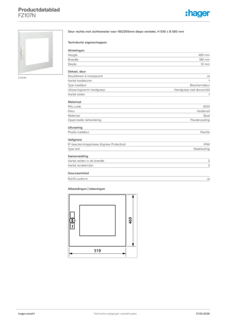 Afbeelding Hager Productdatablad FZ107N | Hager Nederland