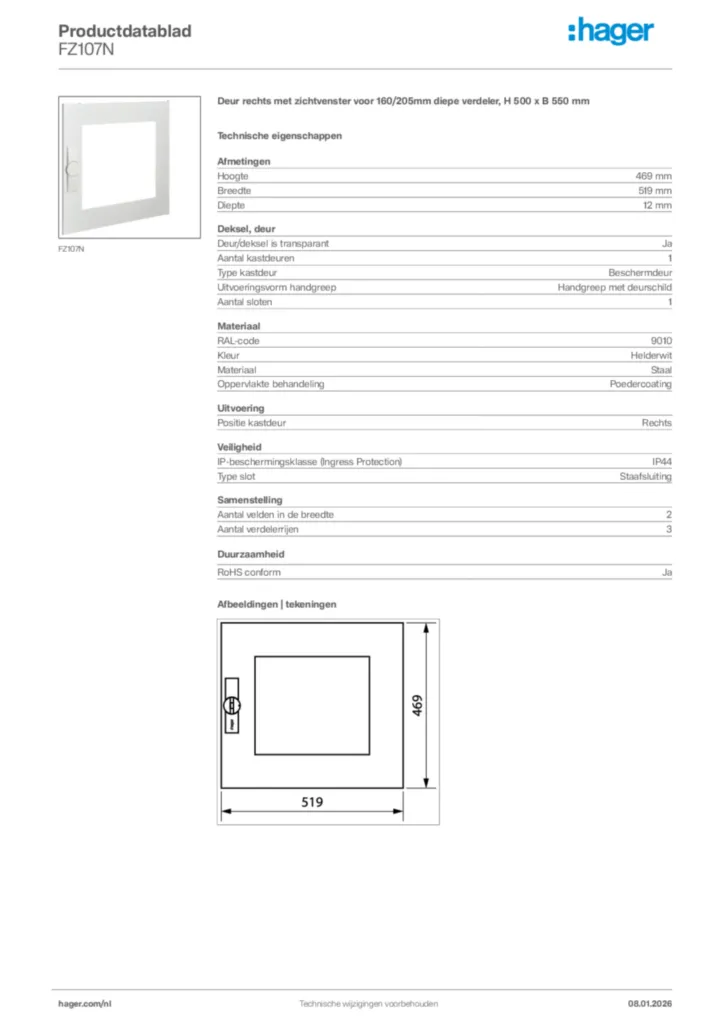 Afbeelding Hager Productdatablad FZ107N | Hager Nederland