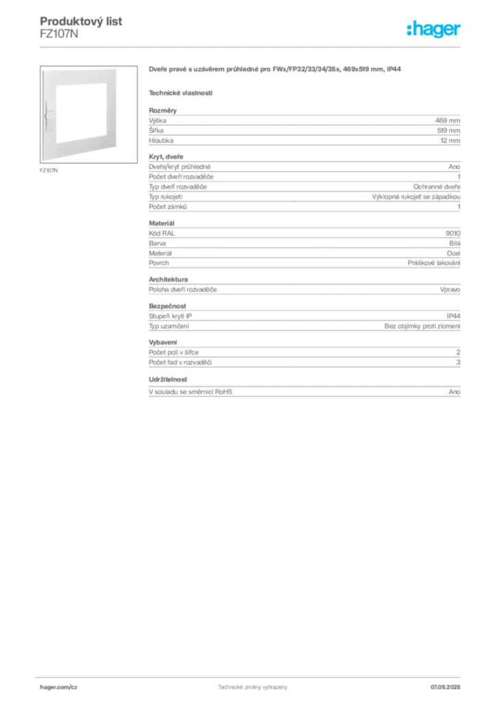 Obrázek Hager Produktový list FZ107N | Hager