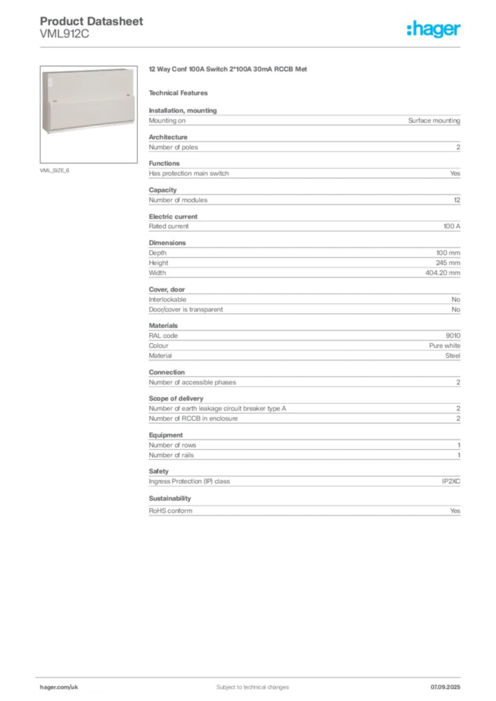 Image Hager Product data sheet VML912C  | Hager