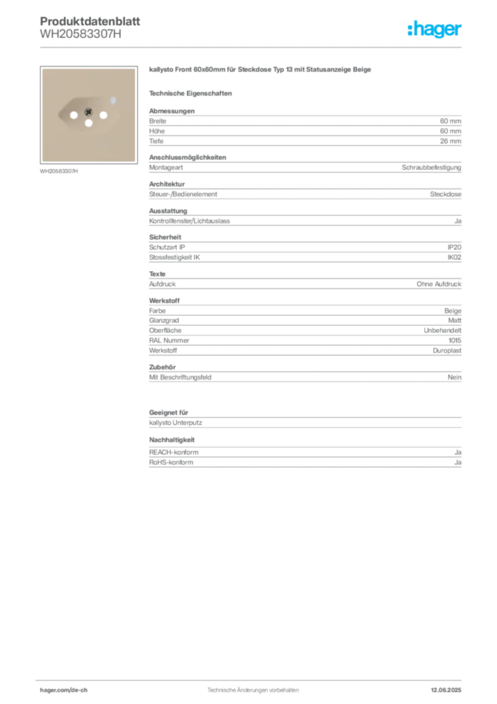 Bild Hager Produktdatenblatt WH20583307H | Hager Schweiz