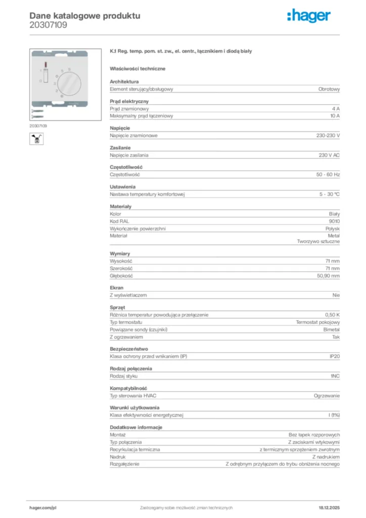 Zdjęcie Hager Karta katalogowa 20307109 | Hager Polska