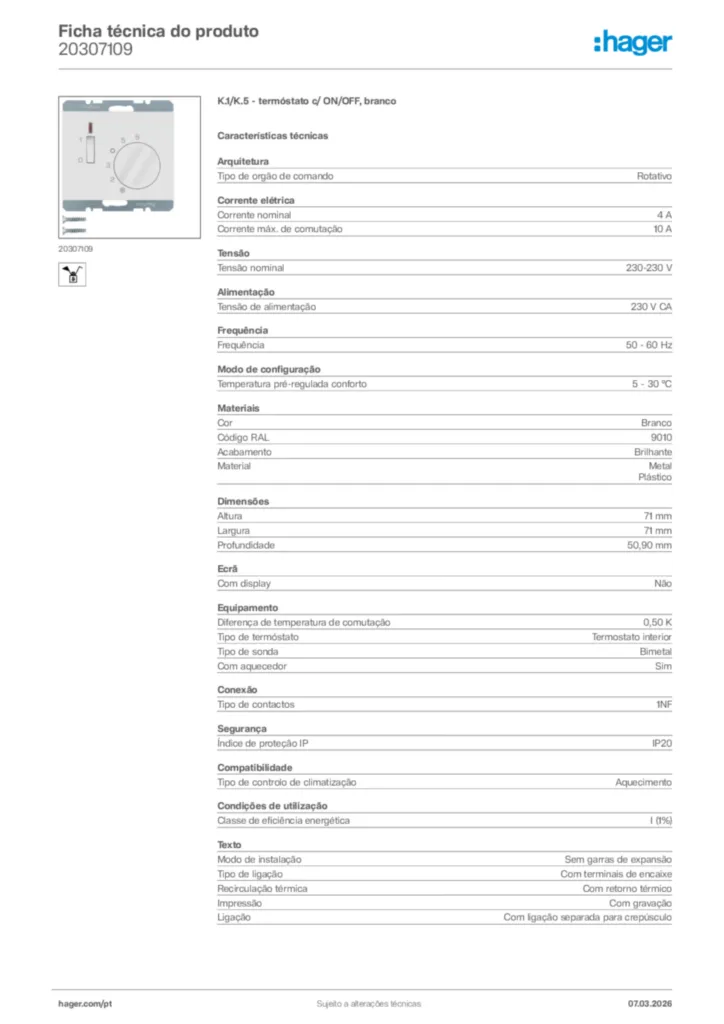 Imagem Hager Ficha técnica do produto 20307109 | Hager Portugal