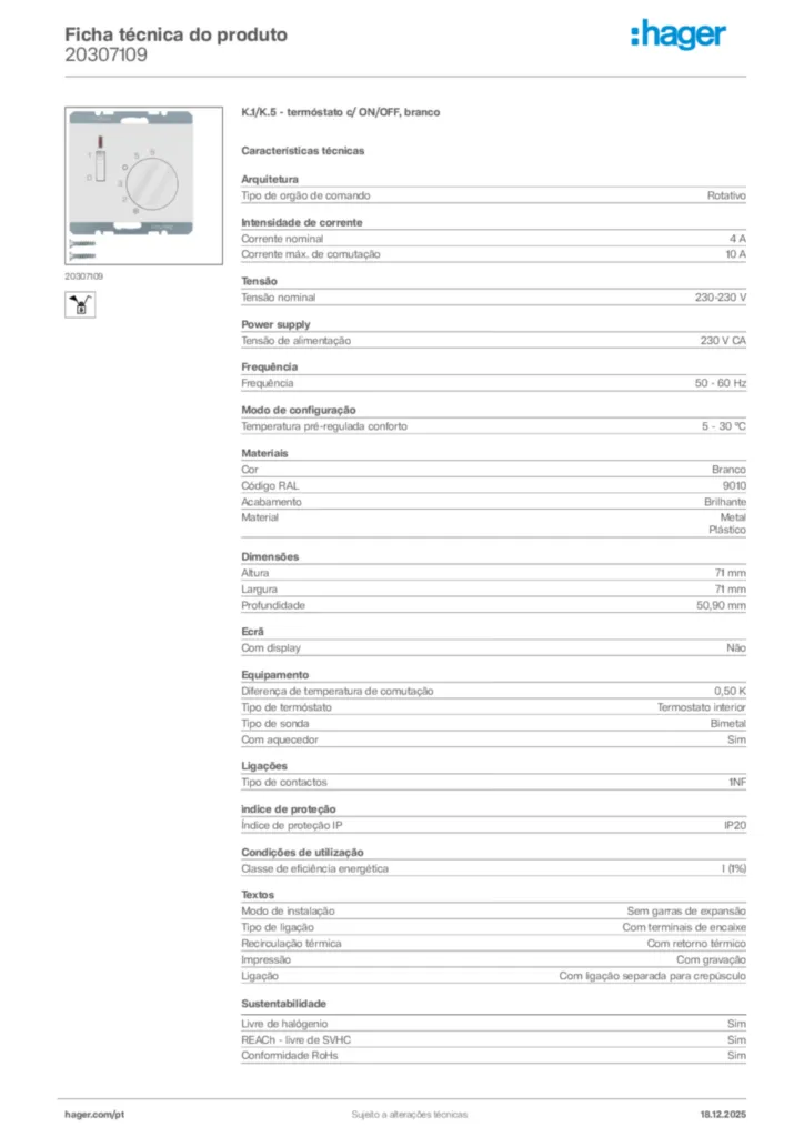 Imagem Hager Ficha técnica do produto 20307109 | Hager Portugal