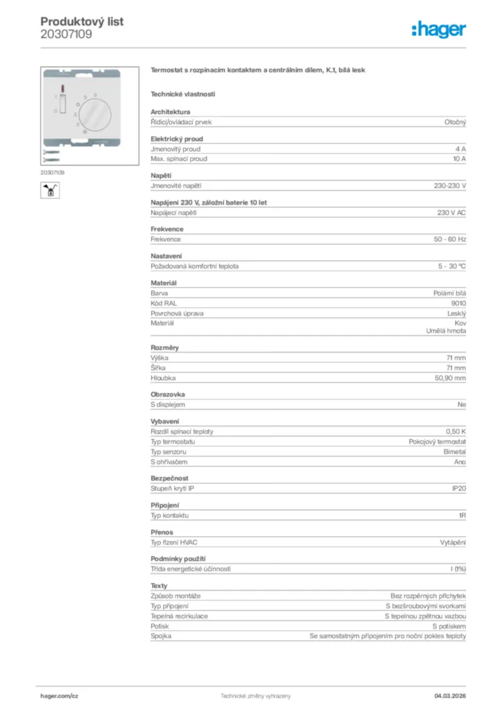 Obrázek Hager Product data sheet 20307109 | Hager