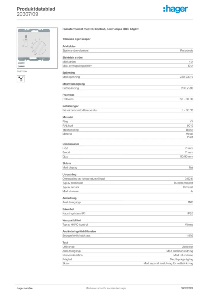 Bild Hager Produktdatablad 20307109 | Hager Sverige