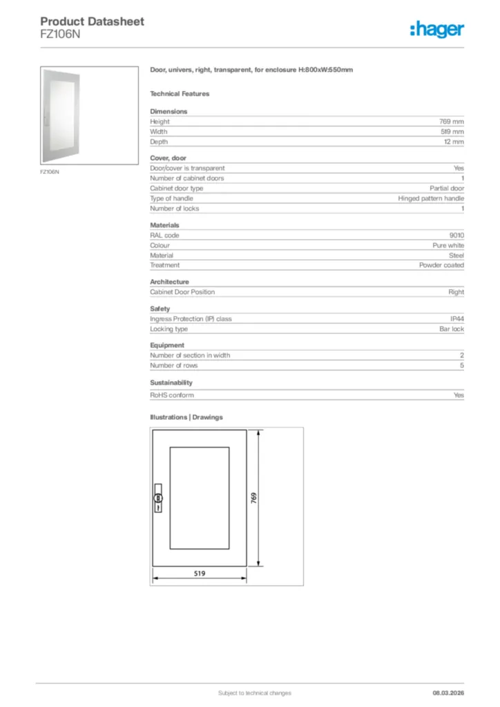 Image Hager Product data sheet FZ106N  | Hager Africa