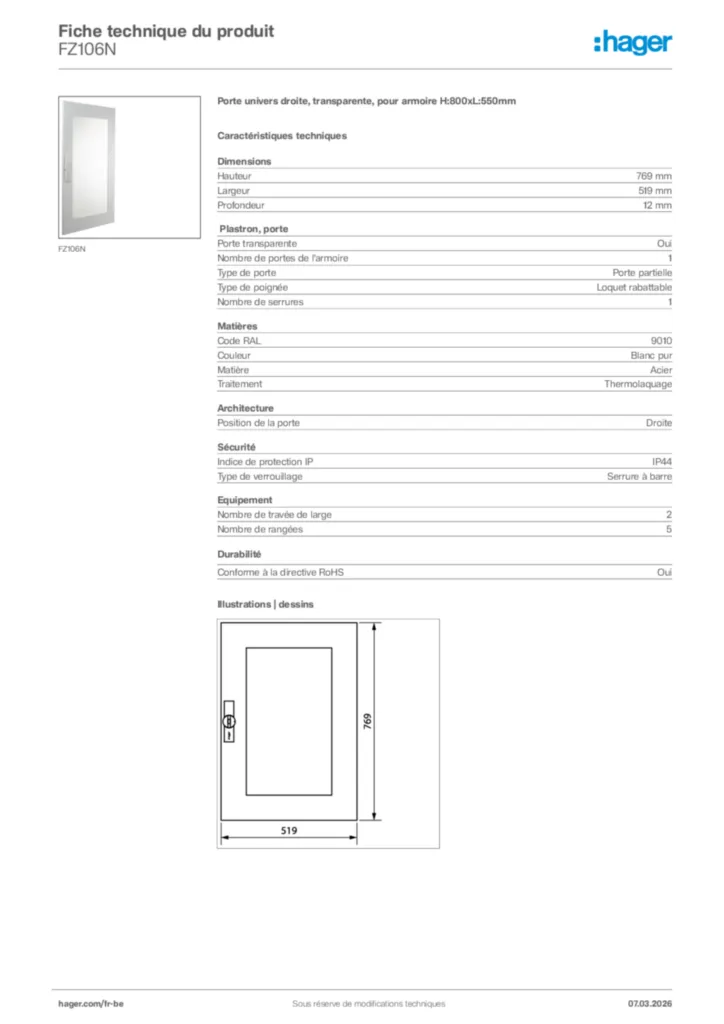 Image Hager Fiche technique du produit FZ106N | Hager Belgique