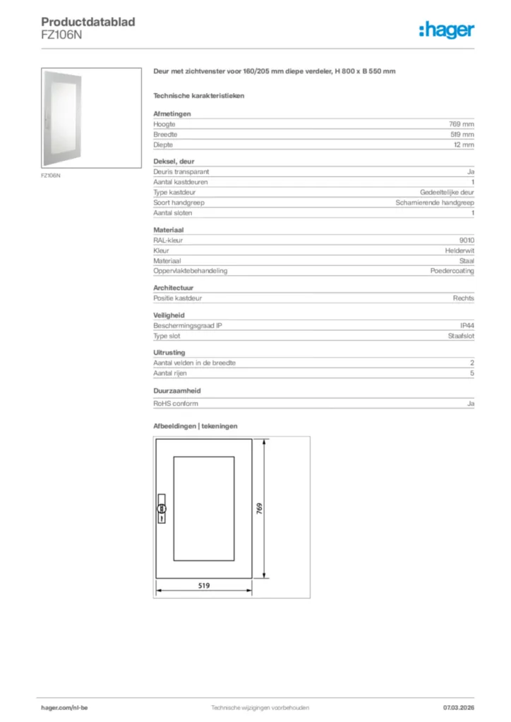 Afbeelding Hager Productdatablad FZ106N | Hager Belgium