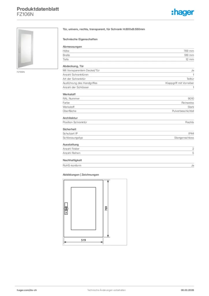 Bild Hager Produktdatenblatt FZ106N | Hager Schweiz