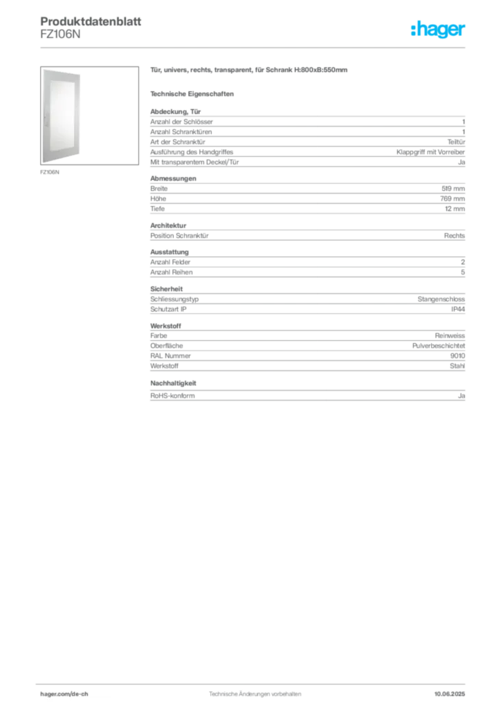 Bild Hager Produktdatenblatt FZ106N | Hager Schweiz