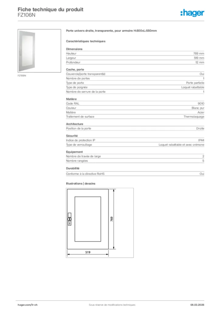 Image Hager Fiche technique du produit FZ106N | Hager Suisse