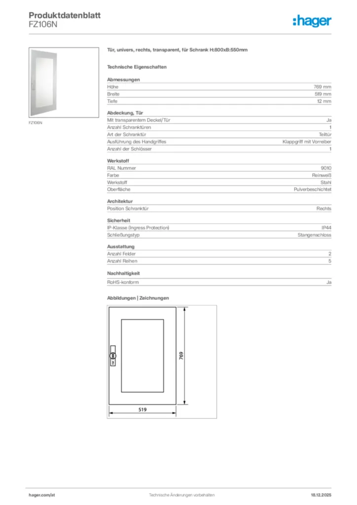 Bild Hager Produktdatenblatt FZ106N | Hager Deutschland