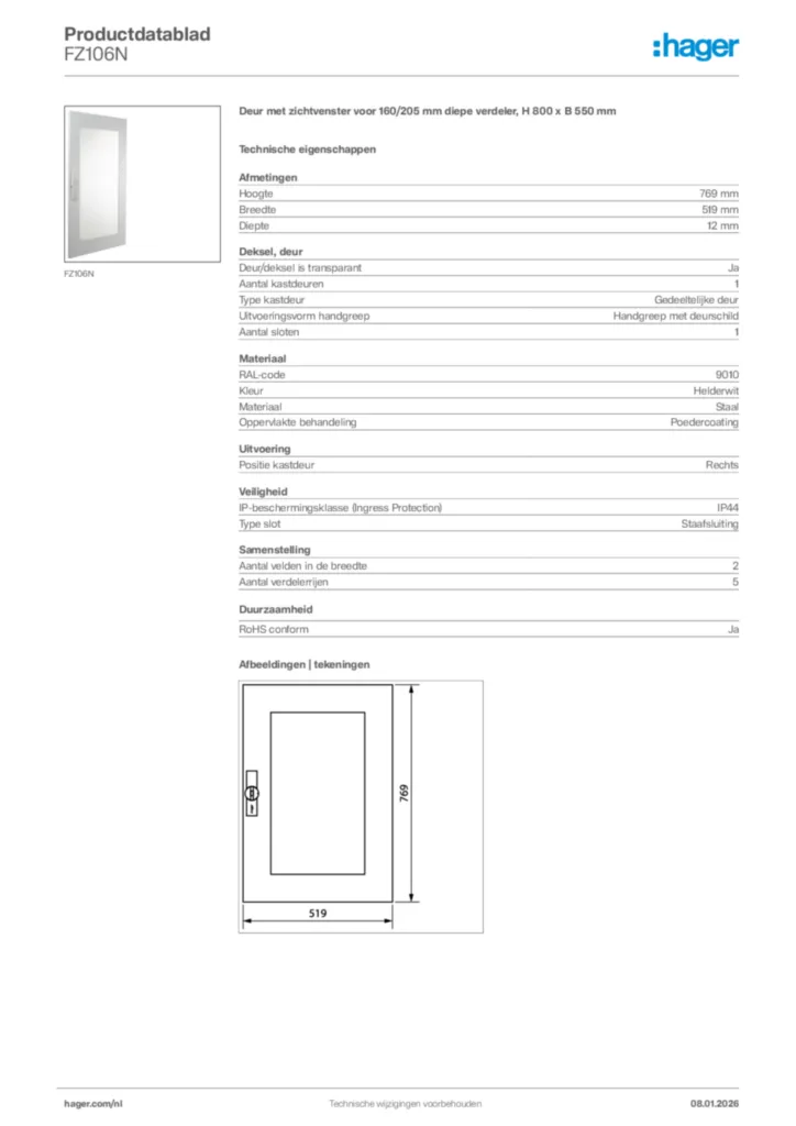 Afbeelding Hager Productdatablad FZ106N | Hager Nederland