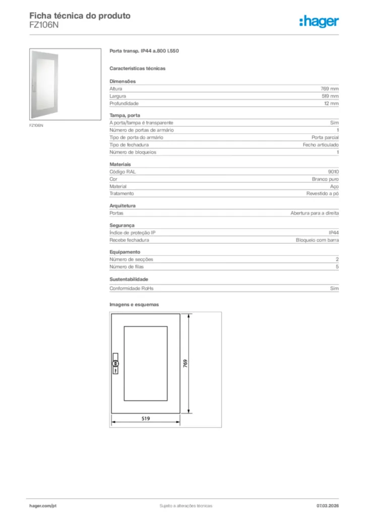 Imagem Hager Ficha técnica do produto FZ106N | Hager Portugal