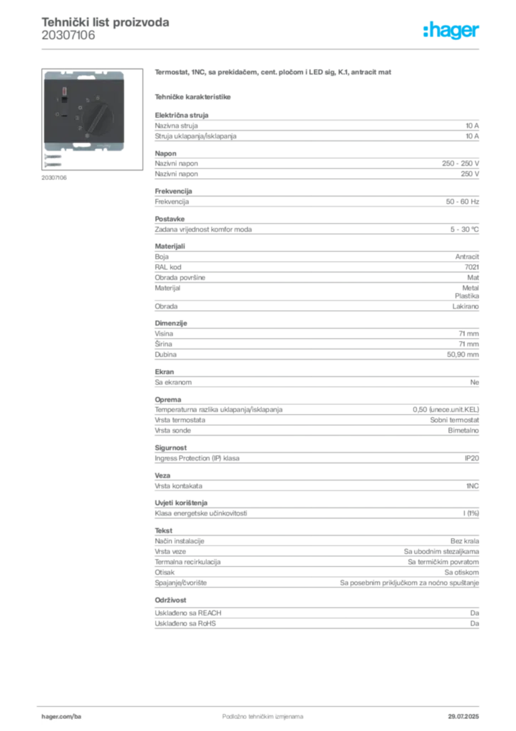 Slika Hager Product data sheet 20307106  | Hager