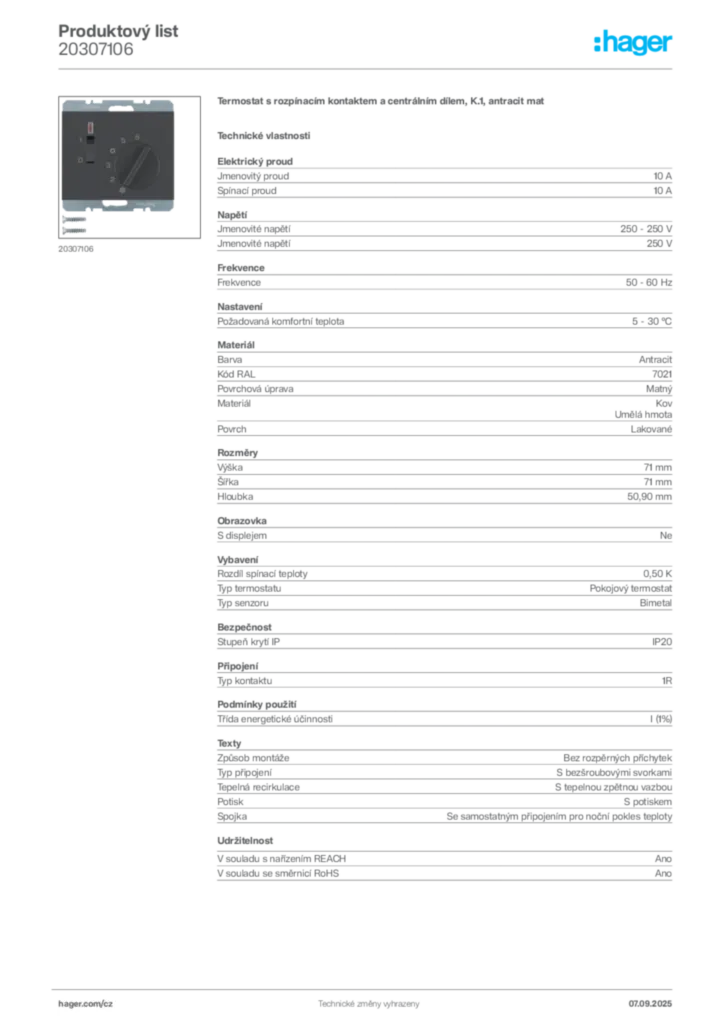 Obrázek Hager Produktový list 20307106 | Hager