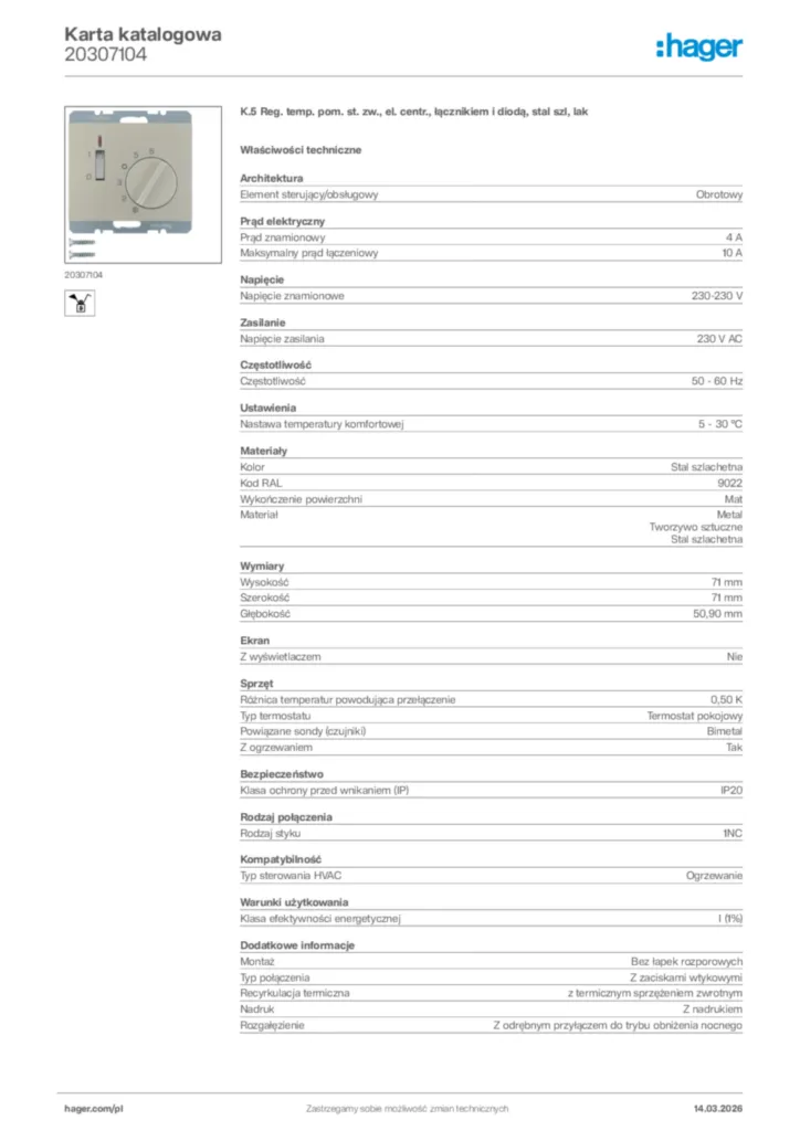 Zdjęcie Hager Karta katalogowa 20307104 | Hager Polska