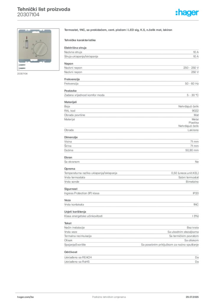 Slika Hager Product data sheet 20307104  | Hager