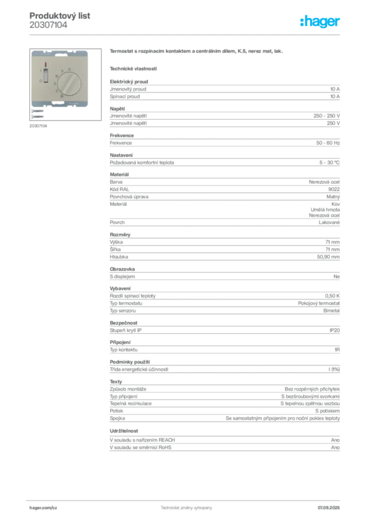 Obrázek Hager Produktový list 20307104 | Hager