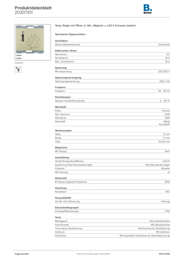 Bild Berker Produktdatenblatt 20307101 | Hager Deutschland