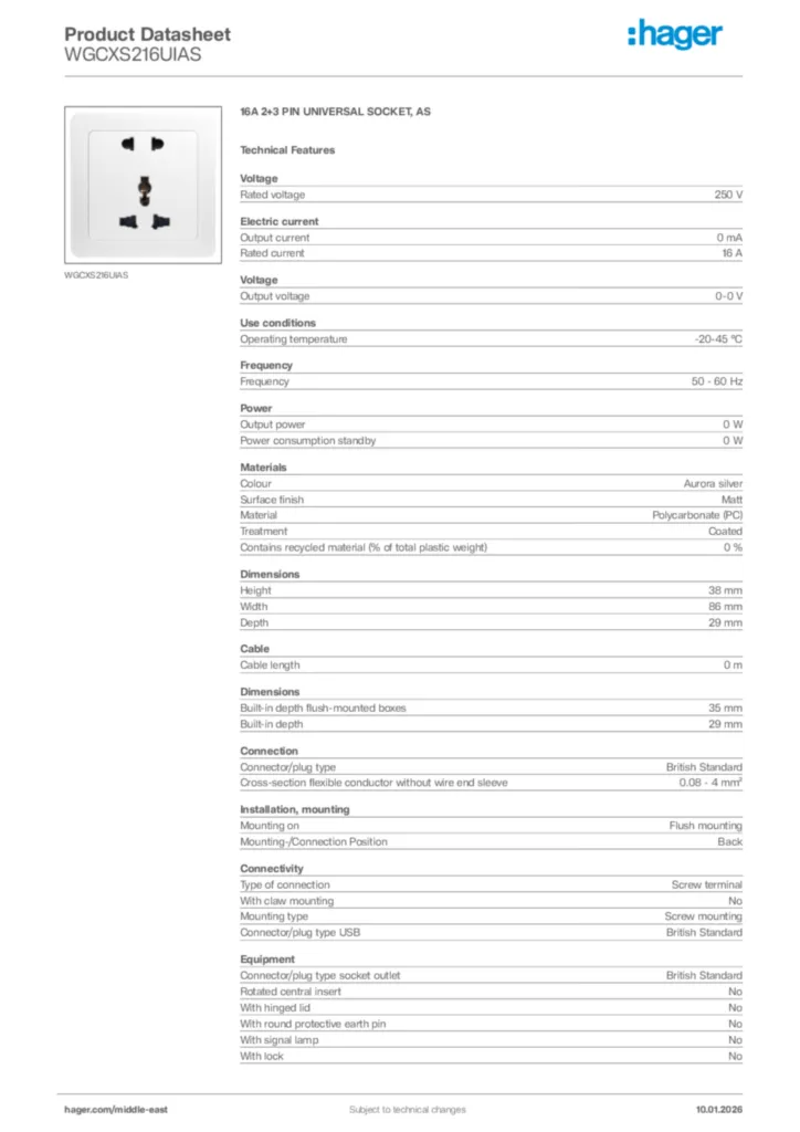 Image Hager Product data sheet WGCXS216UIAS  | Hager
