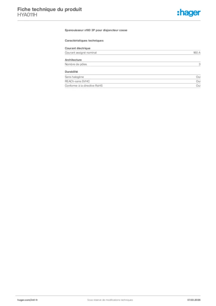 Image Hager Fiche technique du produit HYA011H | Hager Afrique