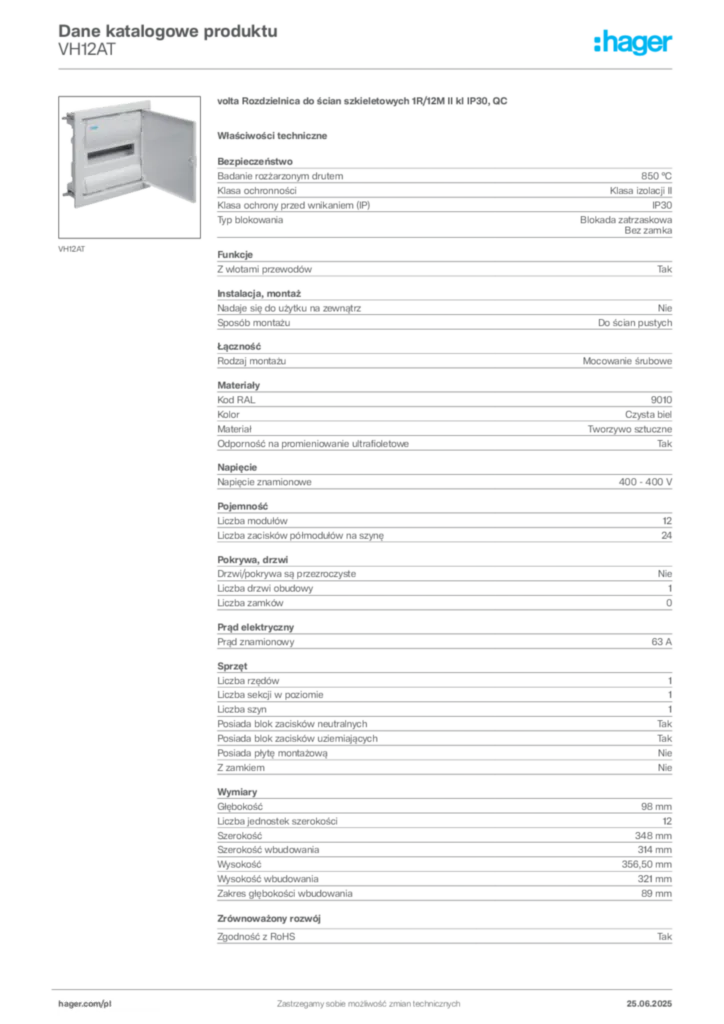 Zdjęcie Hager Karta katalogowa VH12AT | Hager Polska