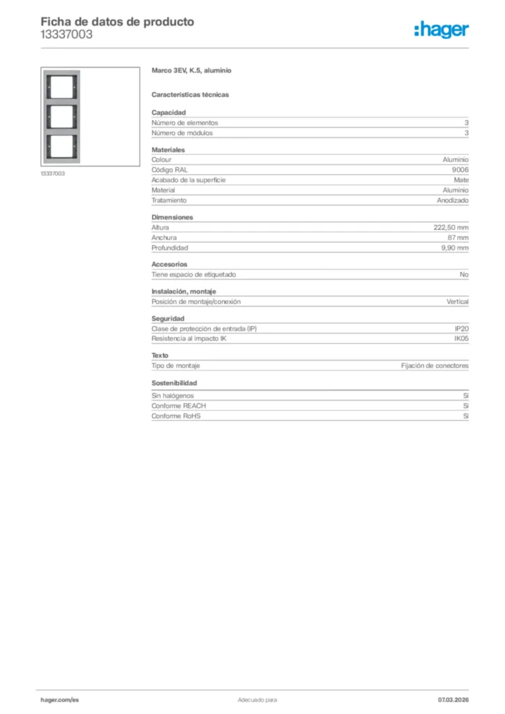 Imagen Hager Ficha de datos de producto 13337003 | Hager España